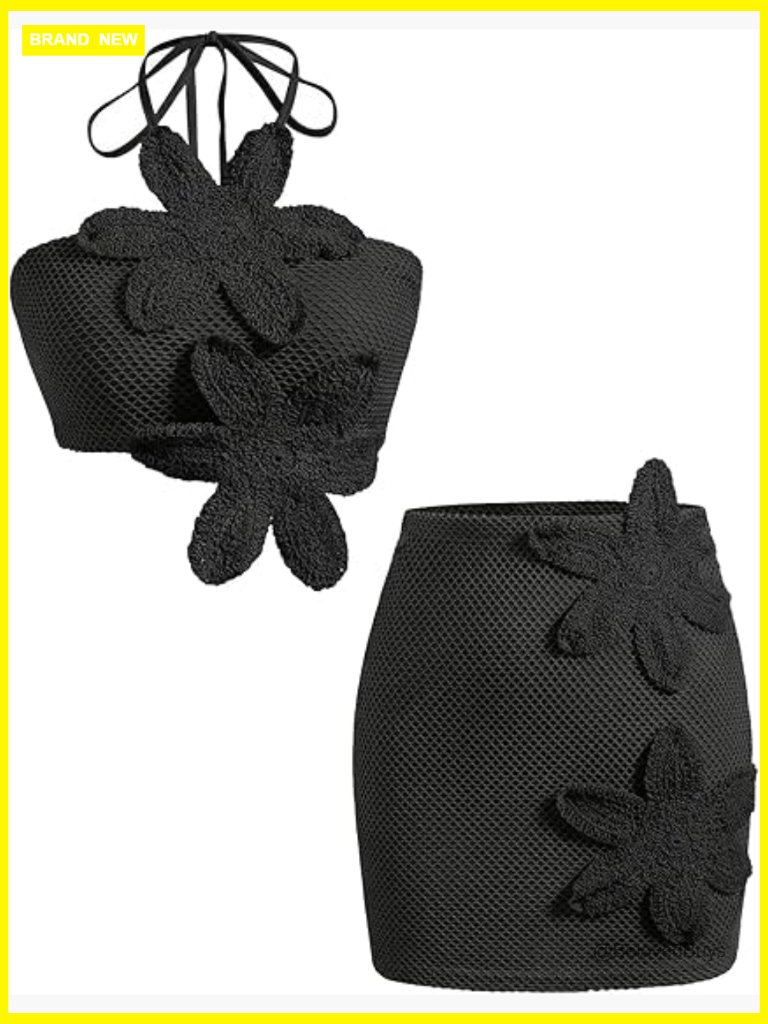 Crochet 2 Piece Set: Halter Crop Top & Mini Skirt Vacation Outfit